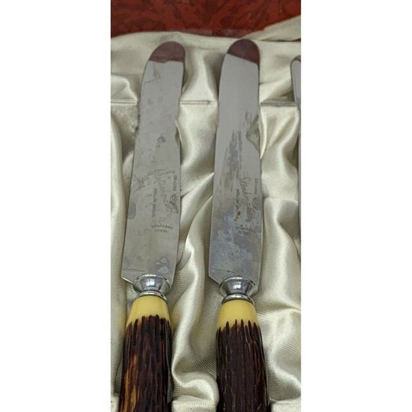 Rare VTG Glo-Hill FAUX STAG BONE And BAKELIGHT DINKEE KNIVES Boxed Set 6 - Picture 8 of 12